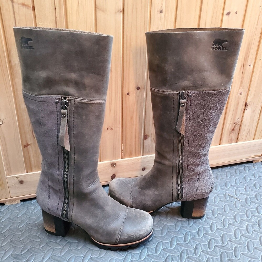 Sorel Addington Distressed Gray Leather Tall Heeled Boots Women's 7.5